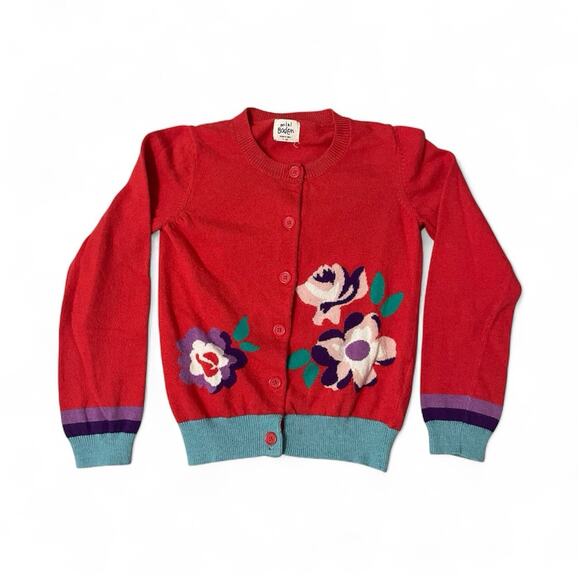 Mini Boden Other - Mini Boden Sweater Cardigan Girls Size 7-8 Years Red Floral Preppy Holiday